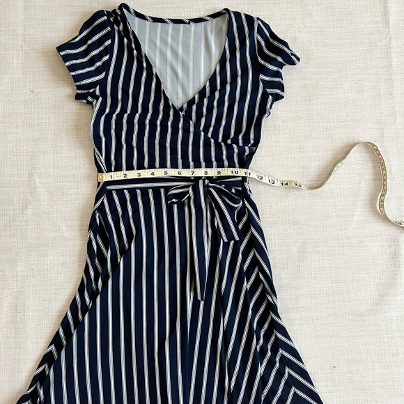Flirty Faux Wrap Striped Dress Navy Blue and White - Picture 5 of 6